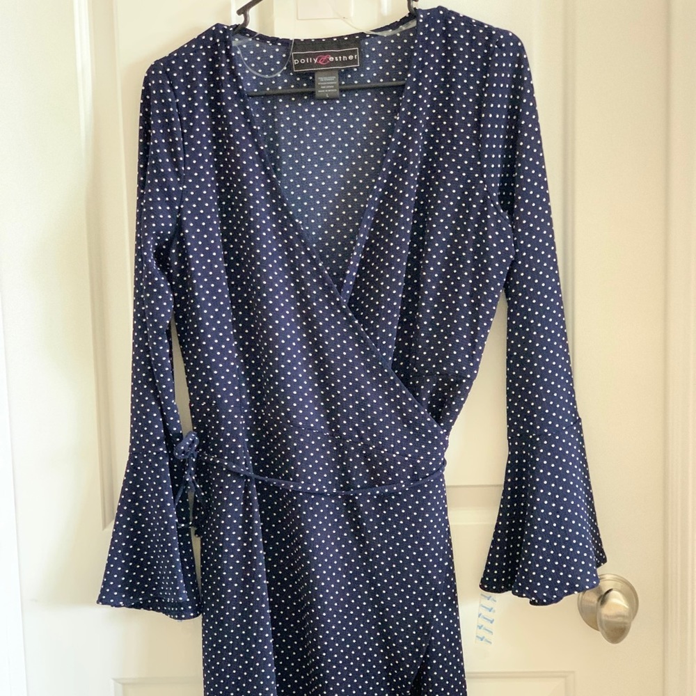 Polly & Esther navy polka dot wrap dress size L